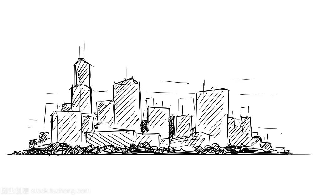 普通城市高层建筑景观与摩天大楼的矢量艺术素描